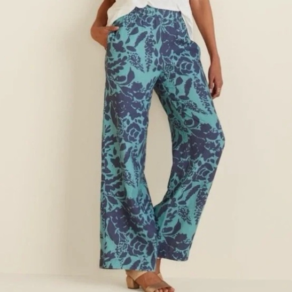 Soft Surroundings Lucca Wide Leg Linen Pants Women S Floral Blue Green NWOT - Picture 1 of 11